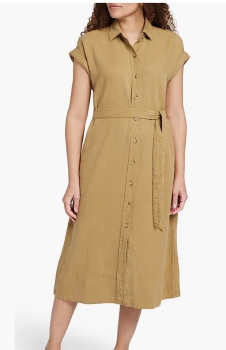 Faherty Arlie Short Sleeve Shirt Dress Medium Tan Brown Belted Linen Blend Midi